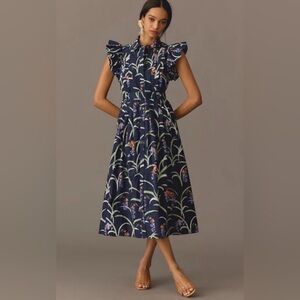 Maeve by Anthropologie Belted Navy Floral Midi Dress